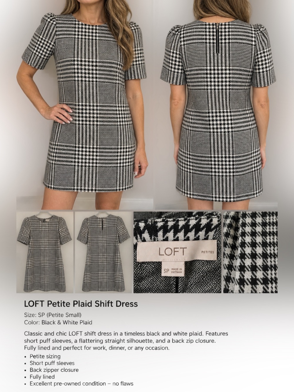 LOFT Black and White Plaid Petite Shift Dress